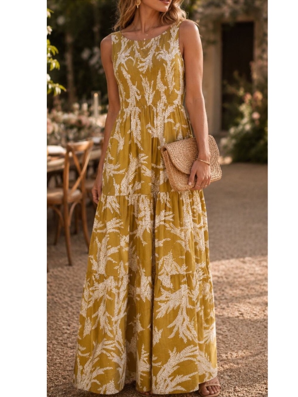 SWF Low Back Shirred Maxi Dress XS Chartreuse Floral Smocked Boho